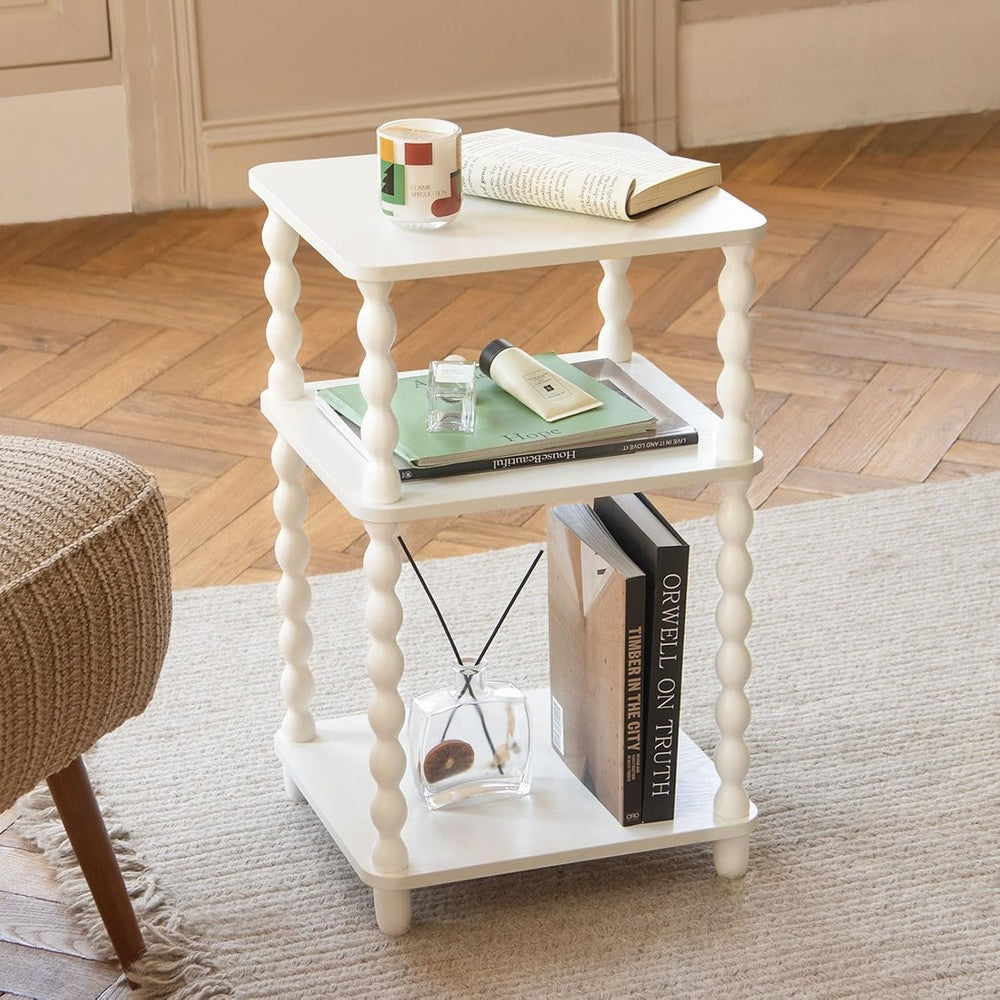 White End Table, Small Side Table with Shelf, Mode White - detail close-up