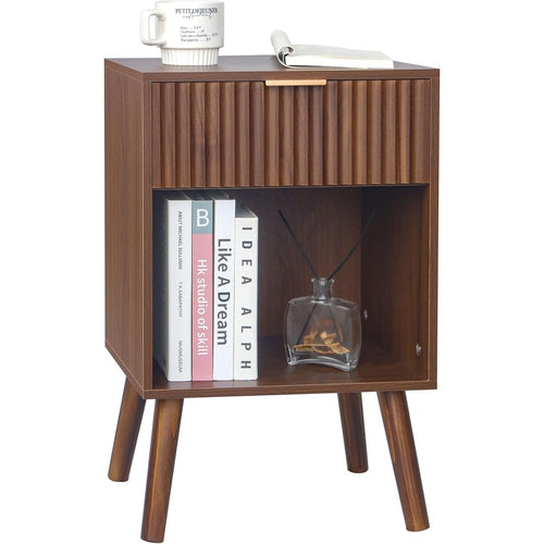 Walnut Nightstand, Fluted Bedside Table with Drawe Walnut Brown - front view