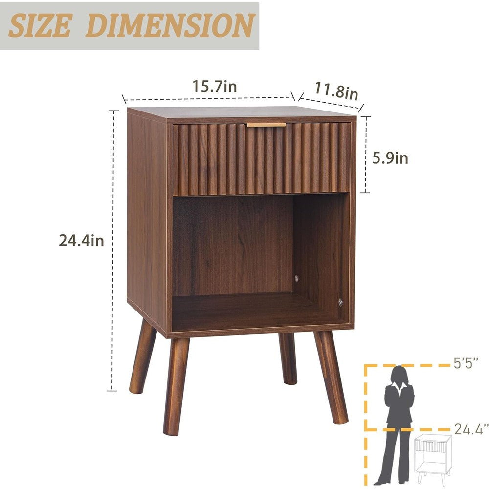 Walnut Nightstand, Fluted Bedside Table with Drawe Walnut Brown - fabric and fit