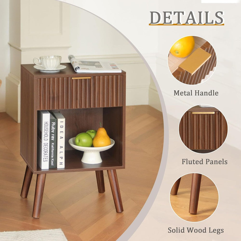 Walnut Nightstand, Fluted Bedside Table with Drawe Walnut Brown - top view