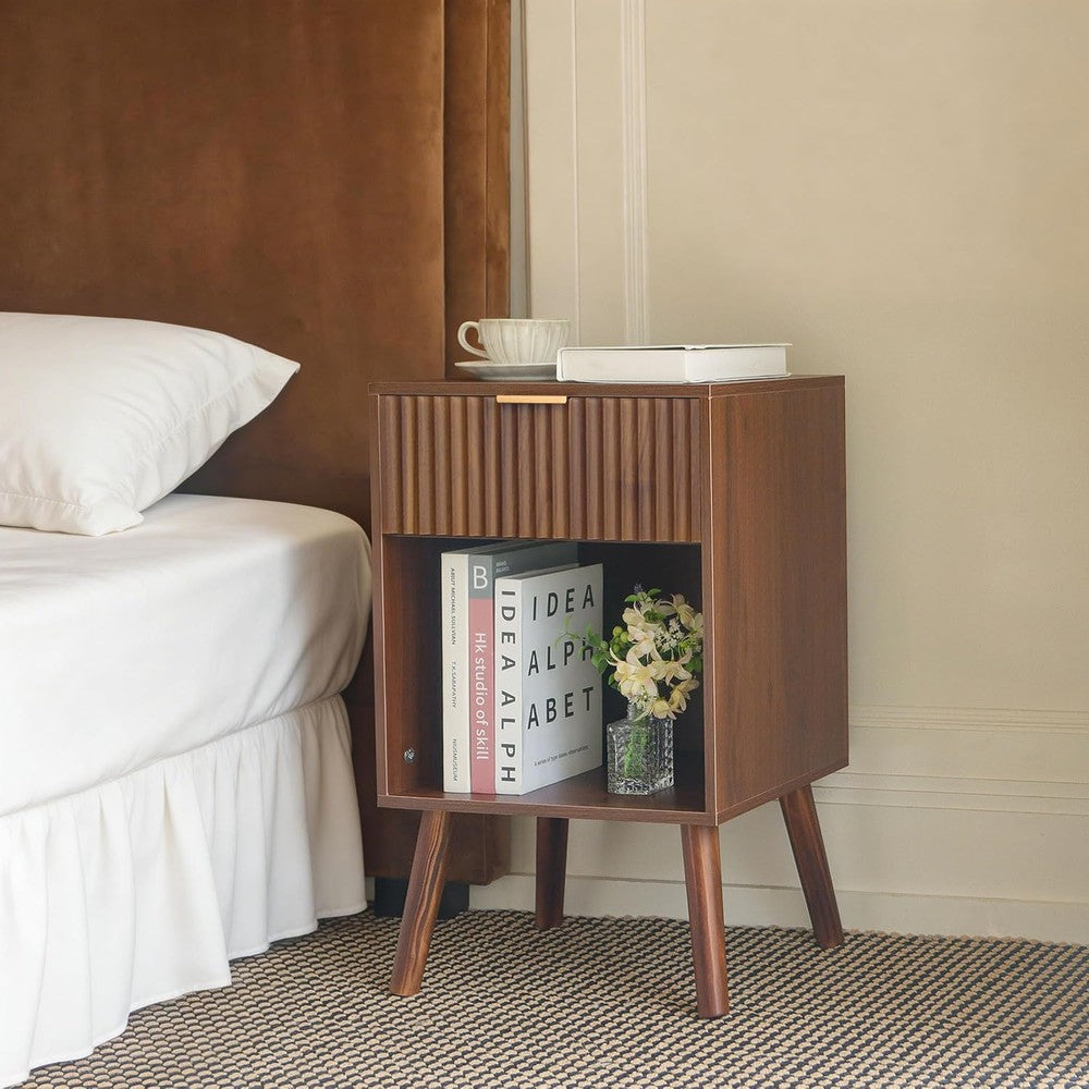 Walnut Nightstand, Fluted Bedside Table with Drawe Walnut Brown - lifestyle look
