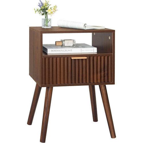 Walnut Nightstand, Fluted Night Stand with Drawer  Walnut Brown - front view