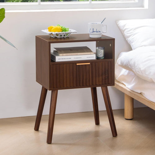 Walnut Nightstand, Fluted Night Stand with Drawer  Walnut Brown - detail close-up