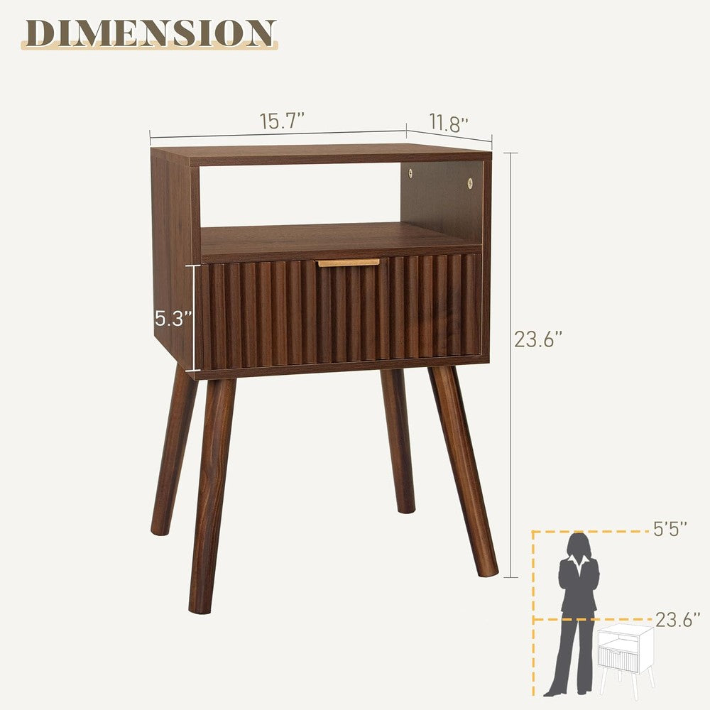 Walnut Nightstand, Fluted Night Stand with Drawer  Walnut Brown - fabric and fit