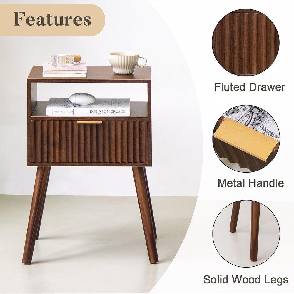 Walnut Nightstand, Fluted Night Stand with Drawer  Walnut Brown - top view