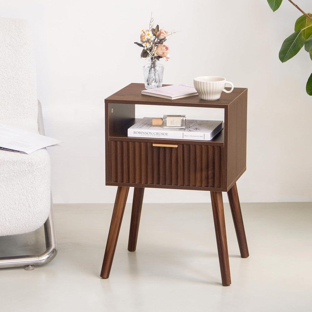 Walnut Nightstand, Fluted Night Stand with Drawer  Walnut Brown - lifestyle look