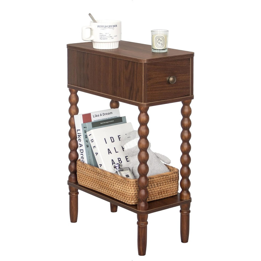 Small Narrow Side Table, Skinny Nightstand with Dr Walnut Brown - front view