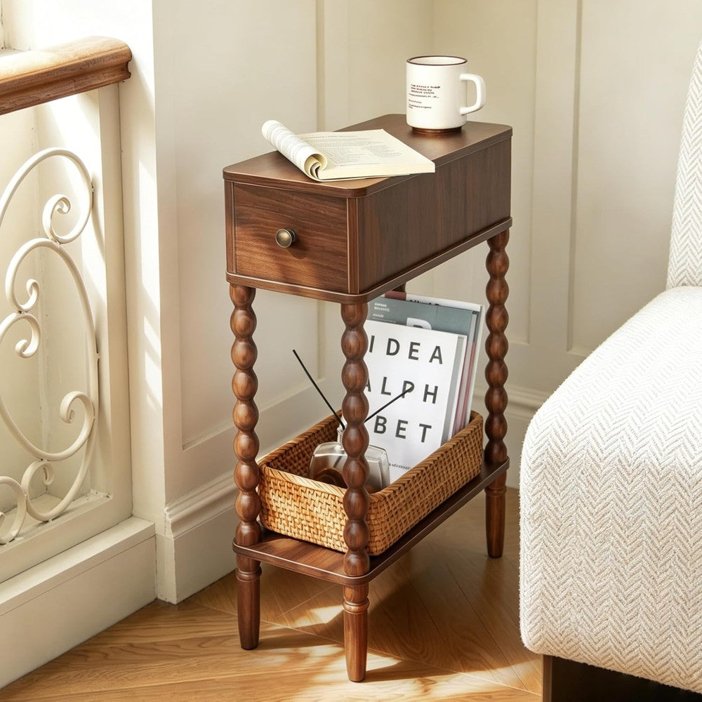 Small Narrow Side Table, Skinny Nightstand with Dr Walnut Brown - detail close-up