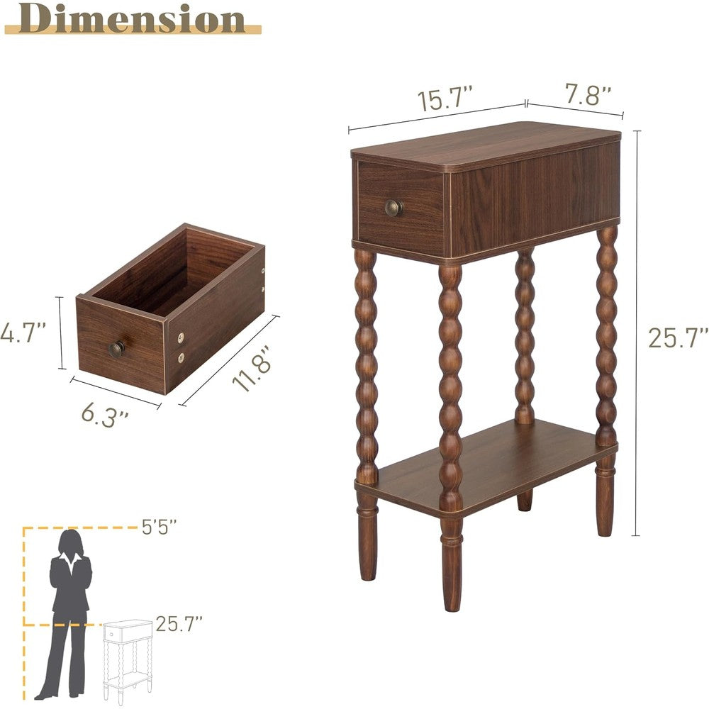 Small Narrow Side Table, Skinny Nightstand with Dr Walnut Brown - fabric and fit
