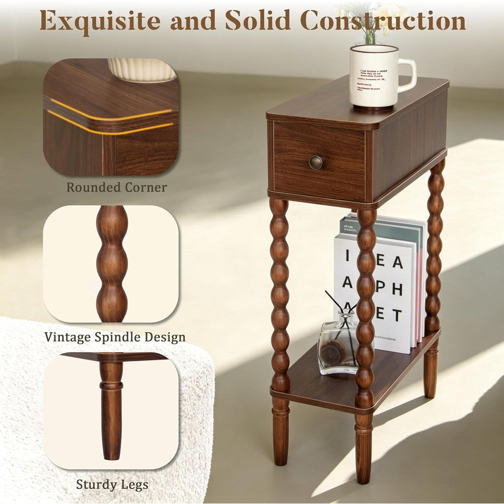 Small Narrow Side Table, Skinny Nightstand with Dr Walnut Brown - top view