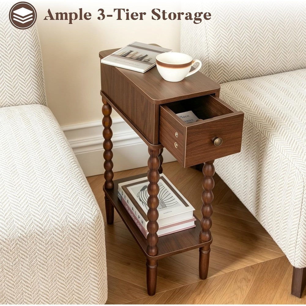 Small Narrow Side Table, Skinny Nightstand with Dr Walnut Brown - lifestyle look